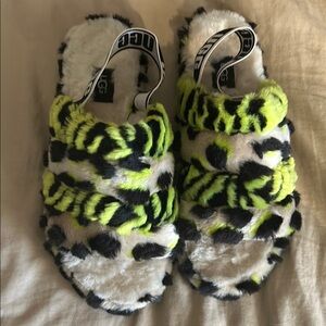 UGG Fluffy Neon Animal Print Slides
